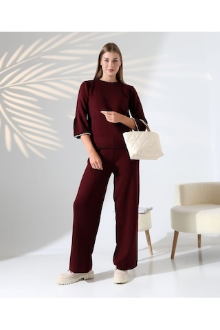 İnci Volanlı Kol Detaylı Triko Takım Bordo