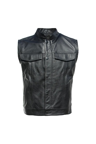 Hakiki Deri Motorcu Tarzı Yelek Siyah Renk Cepleri Fermuarlı