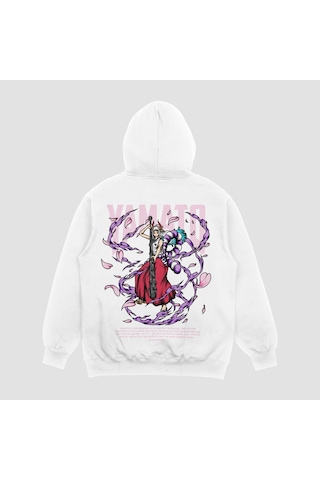 Unisex Beyaz Yamato Baskılı Hoodie Oversize Kapşonlu Sweatshirt Beyaz