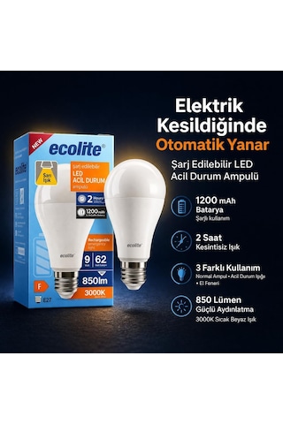 Ecolite Şarjlı Led Acil Durum Ampulü 9w E27 Sarı