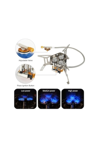 Prestigegoods Piknik Katlanabilir Üç Brülör Rüzgar Geçirmez Çelik Ocak Gümüş, Taşınabilir, 201 Paslanmaz Çelik, 50cm Bakır Hortumlar Gümüş