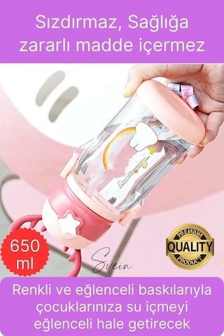 Özel Geyikli Tasarım Pipetli Sızdırmaz Kapaklı Gıdaya Uygun Çocuk Su Matarası Askılı Suluk 650 Ml Çok Renkli