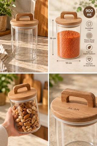Atbyhome 12'li Kulplu Akasya Kapaklı Borosilikat Cam Kavanoz Seti 900 Ml - Vakumlu Erzak Bakliyat Kabı Ahşap - Şeffaf