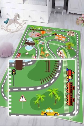 Dijital Baskılı Dekoratif Kaymaz Taban Yıkanabilir Trafik Parkı Temalı Modern Çocuk Halısı Yeşil