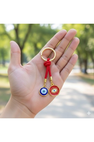 Mavi Kırmızı Nazar Boncuklu Anahtarlık - Premium Metal Halkalı Koruyucu Charm