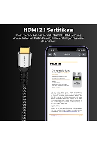 Hdmı 2.1 Kablo, 8k 60hz, 4k 240hz, 48 Gbit/s, Hdmı Sertifikalı, Alüminyum Gövde - 2 Metre