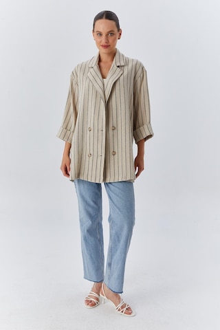 4550 Kadın Yanları Yırtmaçlı Keten Uzun Ceket Naturel Naturel