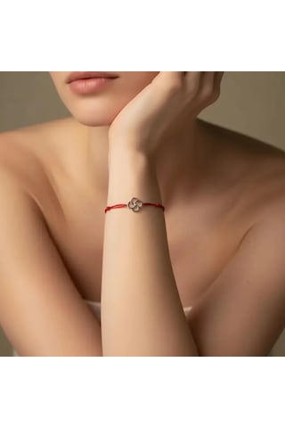 G&a Jewels - Yonca - 925 Ayar Gümüş 0.01ct Pırlanta Taşlı Kırmızı İpli Bileklik Gümüş - Kırmızı
