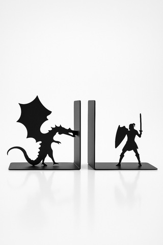 Ejderha Ve Savaşçı Figürlü Metal Kitap Tutucu 2 Li Set Fantastik Dekoratif Kitaplık Aksesuarı