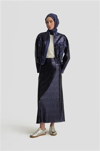 Armine Kumaş Mixli Payetli Ceket 25y5916 Puslu Mor Mavi