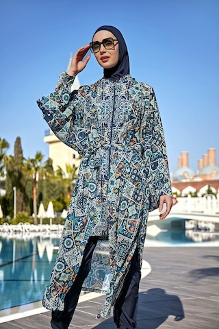 Remsa Mayo Remsa Tesettür Mayo Üzerine Tek Kaftan Kimono Pareo Rp011 İznik Lacivert