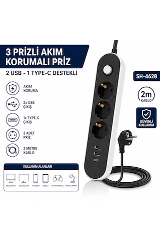Sh-4628 3 Lü Akım Korumalı Priz 2 Usb + 1 Type-c Çıkışlı 2 Metre Kablolu Anahtarlı Topraklı Çoklu Grup Priz 2 M