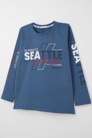 Breeze Erkek Çocuk Uzun Kollu Tişört Renkli Yazı Baskılı 6-12 Yaş, İndigo Indigo