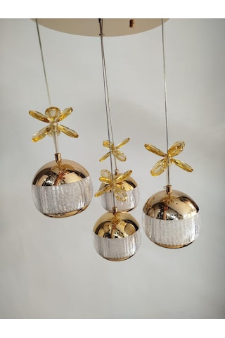 4'lü Gold Ağzı Açık Kristal Top Avize