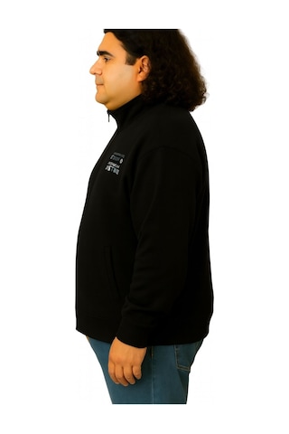 Erkek Büyük Beden 122-158 Kilo Arası İçin Uygun Pamuklu Geniş Kalıp Dik Yaka Fermuarlı Sweat Mont Siyah