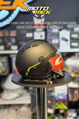 Motomek Cgm 116g Aır Bıco - Açık Kask Gri-siyah-sarı Uzun Vizör+güneş Vizörlü