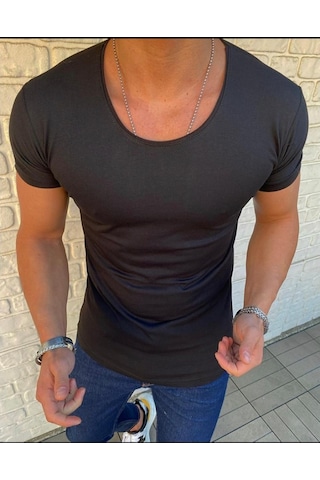 Bybülent Oval Yaka Açık Yaka Erkek Tişört Likralı Slim Fit