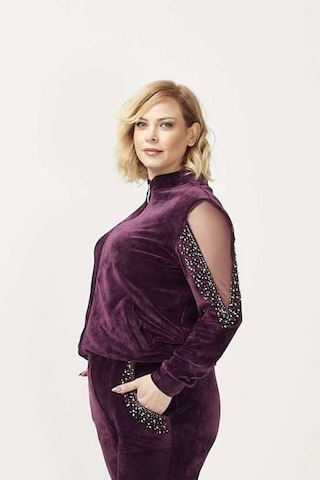 1950 Kolları Taşlı Tam Kalıp Tarz Kadife Büyük Beden Eşofman Takım Mürdüm Mürdüm