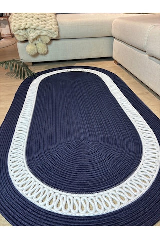 Mavaux Lotus Jüt Hasırlı El Örgüsü Kilim Lacivert - Beyaz