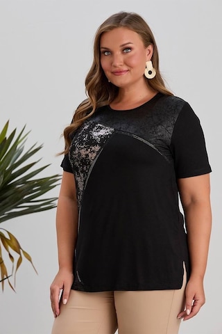 Wearon Kadın Yezra Deri Varak Taş Detaylı Penye Siyah Tişört Siyah