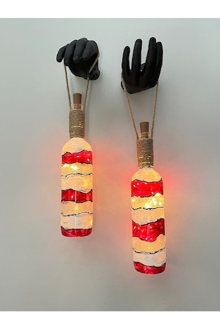 Heykel El Dekorlu Led Işıklı Kırmızı Vitray Cam Şarap Şişesi Apli Çok Renkli