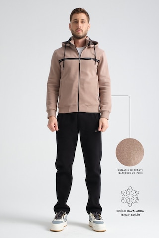 Shooter Sportswear Shooter Erkek Kışlık Eşofman Takımı Şardonlu Üç Iplik Kapüşonlu Regular Kalıp Vizon