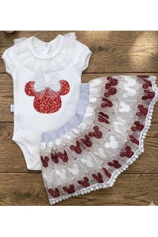 Biçomi Mickey Payet Nakışlı Brode Etekli Kız Bebek Özel Gün Takımı - Kırmızı Kırmızı