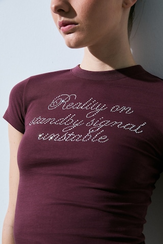 Grımelange Vanyrose Kadın Yumuşak Kumaşlı %100 Pamuk Taş Detaylı Slim Fit Bordo T-shirt Bordo
