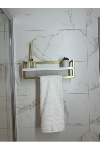 lyla concept Defne Banyo Ahşap Raflı Gold Metal Havlu, Şal Askılık Beyaz Raf Gold