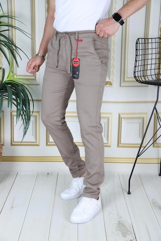 Phantom Jeans Erkek Kahve Slim Fit Esnek Likralı Armürlü Keten Pantolon Bağcıklı Kemerli Beli Lastikli Şık Pantolo Sütlü Kahve