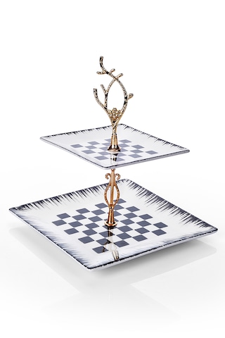 Piatti Naturali Çift Katlı Dama Kurabiyelik Sunum Tabağı Servis Seti İkramlık