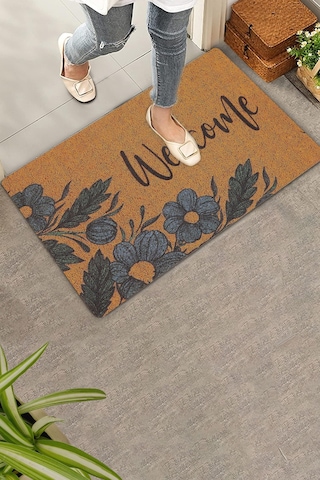 Valerine Life Lacivert Papatya Çiçekli Welcome Hoş Geldiniz Kapı Önü Paspası 45x70cm Kahverengi