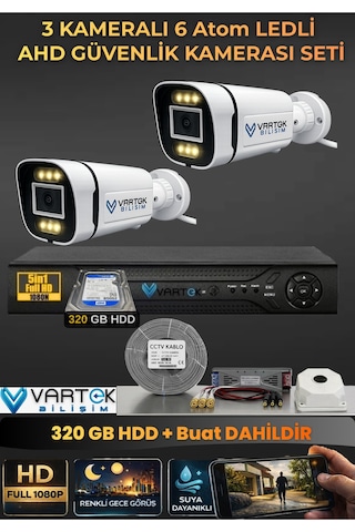 2 Kameralı 6 Atom Led Gece Renkli Görüşlü Güvenlik Kamerası Seti + 320 Gb Hdd