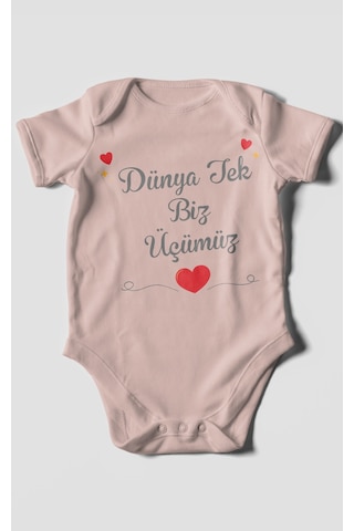Morivokids Dünya Tek Biz Üçümüz Kısa Kollu Bebek Body %100 Pamuk Pastel Pembe