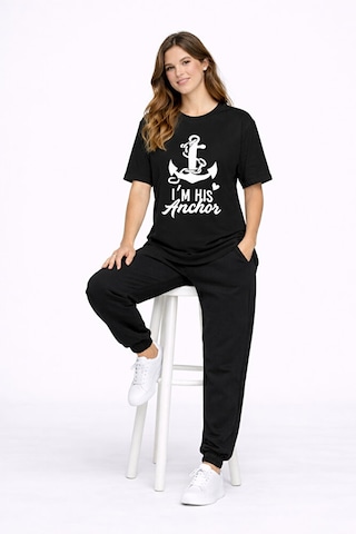 Sevgili Kombini Oversize Çift Tişört Unisex Captain Anchor Baskıl Siyah