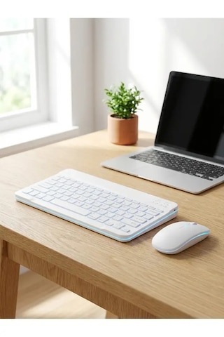Kablosuz Bluetooth Klavye Ve Dongle Lı Mouse Seti Şarjlı Klavye Ve Fare Kombinasyonu Beyaz