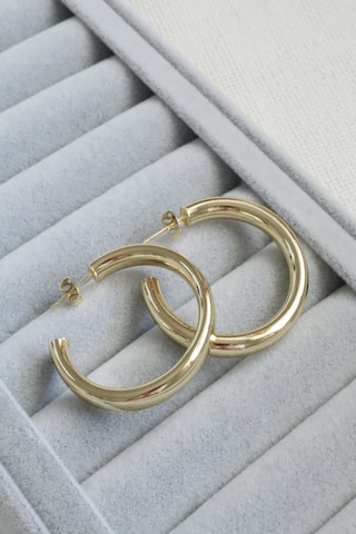 Kadın Küpe Kararmaz 14k Renk Vip Seri Boru Yarım Halka 4cm Küpe Altın