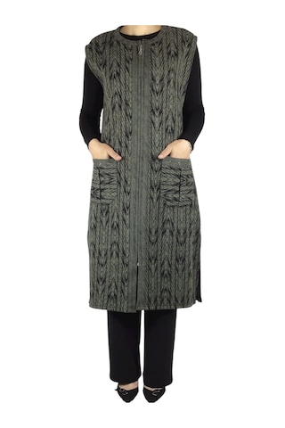 Önü Fermuarlı Desenli Cepli Kalın Kışlık Yelek Yeşil