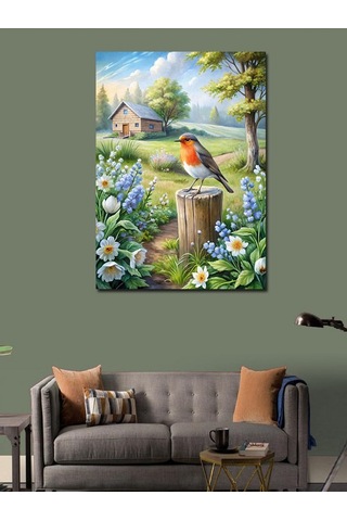 Kanvas Tablo Kırmızı Kuş Ve Çiçekler 70cmx100cm