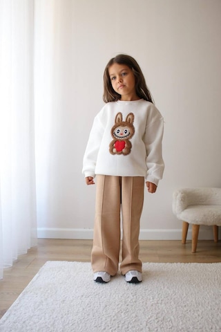 Kız Çocuk 3 İplik Şardonlu Peluş Baskı Detaylı Sweatshirt - Eşofman Alt Üst Takım Ekru