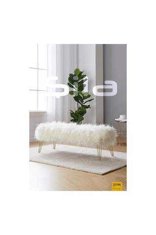 Şila Bench Beyaz Peluş - Gold Ayaklı 90 Cm Beyaz - Altın