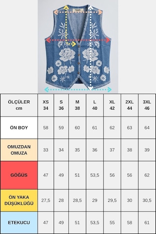 Saade Sââde Kadın V Yaka Çiçek Nakışlı Düğmeli Denim Yelek Mavi