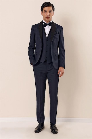 İmza Koyu Lacivert Desenli Çıkarılabilir Şal Yaka Yelekli 6 Drop Slim Fit Smokin Damatlık Takım 1001230204-Lacivert