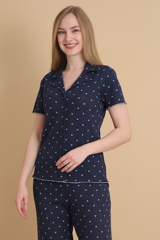 Wordex Mirano 1709 Çiçekli Pointel İnce Kumaş Düğmeli Kısa Kollu Kadın Pijama Takımı Lacivert
