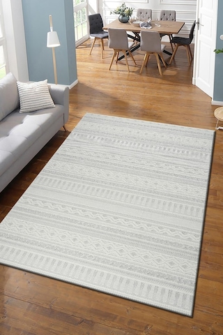 Modern Geometrik Tasarımlı Jüt Dokuma Loop Sisal Gri Renk Halı Gri