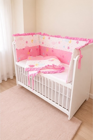 Baby Clime 70x130 Mobilya Beşik Kenar Koruyucu Seti - 4 Parça Rüya Serisi Pembe Fırfırlı