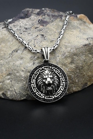 Grek Desenli Aslan Figürlü 925 Ayar Gümüş Kolye Kral Zincir 2mm 902422 Gümüş