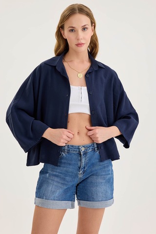 Vitrin Düşük Omuz Oversize Crop Gömlek Lacivert