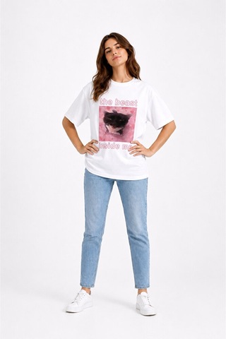 Nevermind The Beast Inside Me Baskılı Unisex Oversize Tişört Siyah Kedi Gra Beyaz
