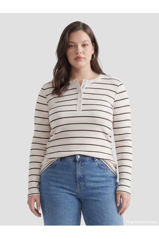 Lcw Everyday Bej Bisiklet Yaka Çizgili Kadın Body